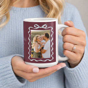 Burgundy Icy Blue Bow Frame 2 Photo Christmas Coffee Mug