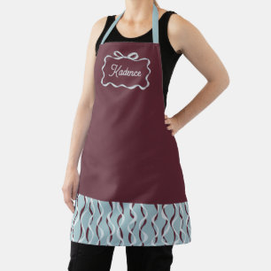 Burgundy & Icy Blue Cute Bow Personalised Name Apron