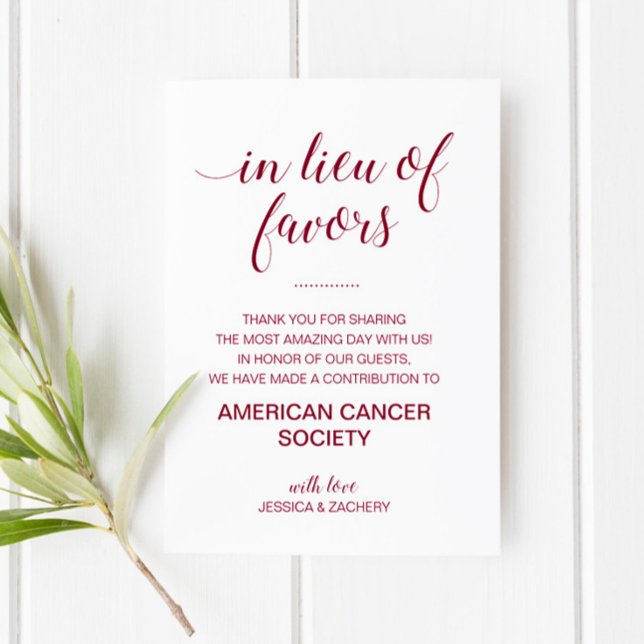 Burgundy In Lieu Of Favour Charity Donation Weddin Place Card (Creator Uploaded)