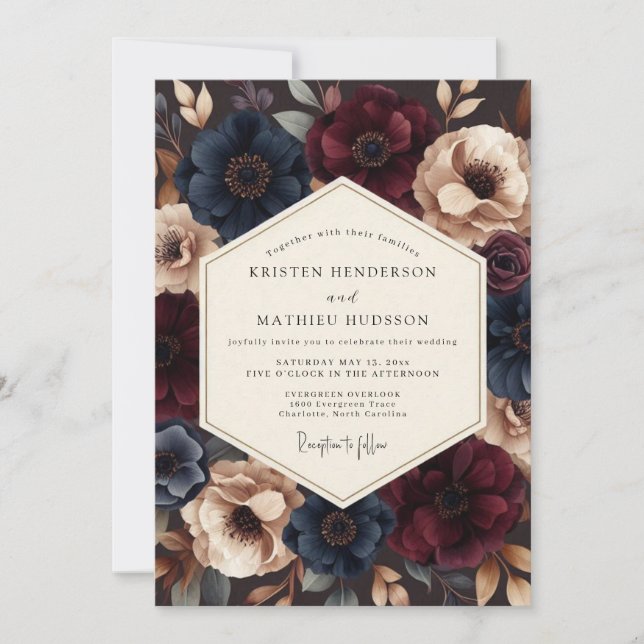 Burgundy Indigo Dramatic Wedding Invitation (Front)