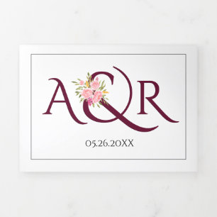 Burgundy initials and ampersand pink roses wedding Tri-Fold invitation