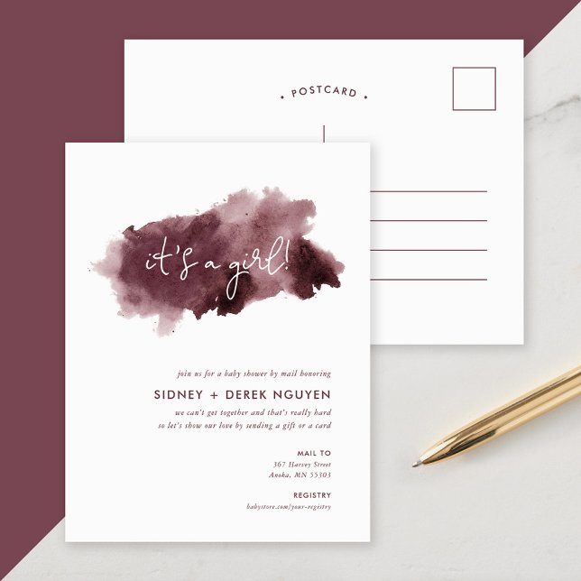 Burgundy Ink Wash Girl Baby Shower by Mail Invite (Creator Uploaded)