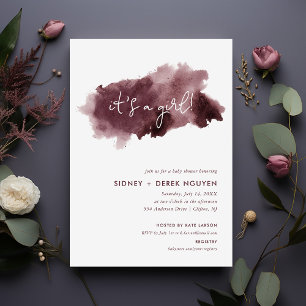 Burgundy Ink Wash It's a Girl Baby Shower Invitation