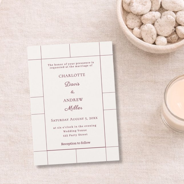Burgundy ivory checked modern Wedding  Invitation (Creator Uploaded)