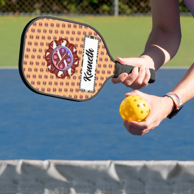 Burgundy-Ivory Clover Ribbon by Kenneth Yoncich Pickleball Paddle (Insitu)