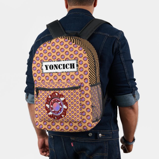 Burgundy-Ivory Disc Ribbon by Kenneth Yoncich Printed Backpack (Insitu (Model))