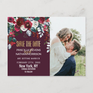 Burgundy Ivory Floral Arrangement Gold Save Date Postcard