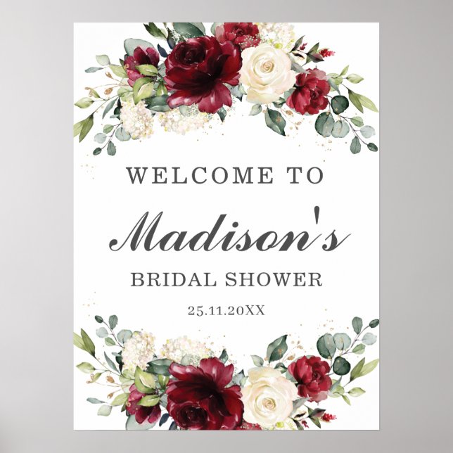 Burgundy Ivory Floral Bridal Shower Welcome Sign (Front)