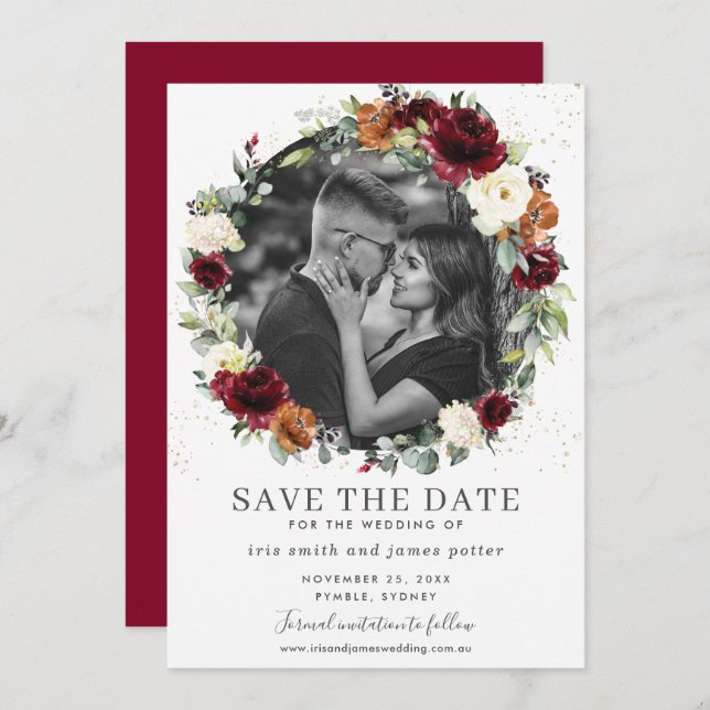 Burgundy Ivory Floral Photo Save the Date Card (Front/Back)