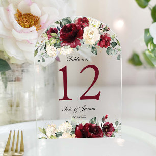 Burgundy Ivory Floral Wedding Arch Table Number 