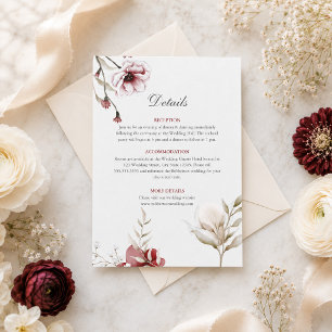 Burgundy Ivory Floral Wedding Details Card