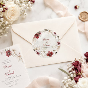 Burgundy Ivory Floral Wedding Envelope Sticker