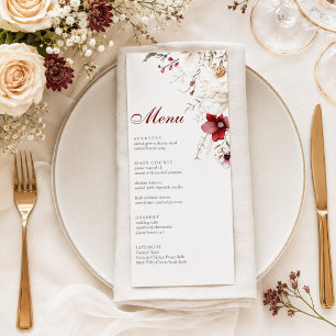 Burgundy Ivory Floral Wedding Menu Card