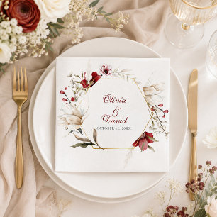 Burgundy Ivory Floral Wedding Paper Napkins