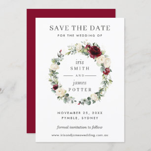 Burgundy Ivory Floral Wedding Save the Date Card