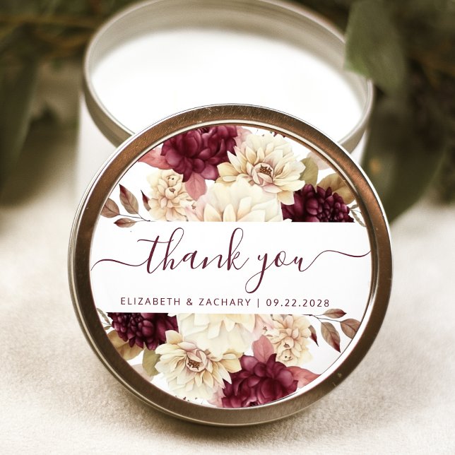 Burgundy Ivory Floral Wedding Thank You Classic Round Sticker (Creator Uploaded)