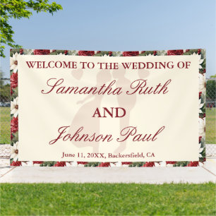 Burgundy Ivory Floral Wedding Welcome Fabric Banner