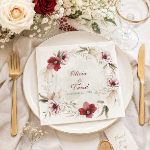 Burgundy Ivory Floral Wreath Wedding Paper Napkins