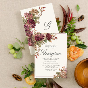 Burgundy Ivory Hydrangea Monogram Bridal Shower Invitation