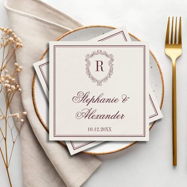 Burgundy & Ivory Monogram Crest Old Money Wedding Napkin (Creator Uploaded)