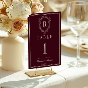 Burgundy & Ivory Monogram Crest Old Money Wedding Table Number