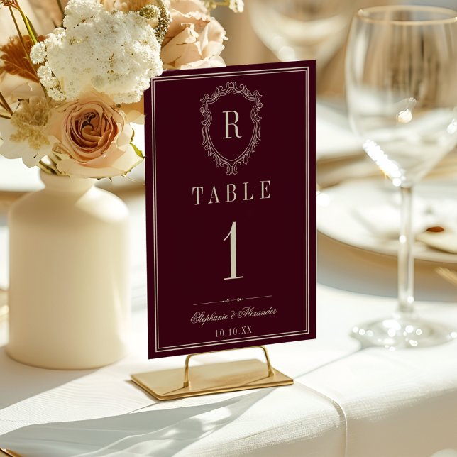 Burgundy & Ivory Monogram Crest Old Money Wedding Table Number (Creator Uploaded)