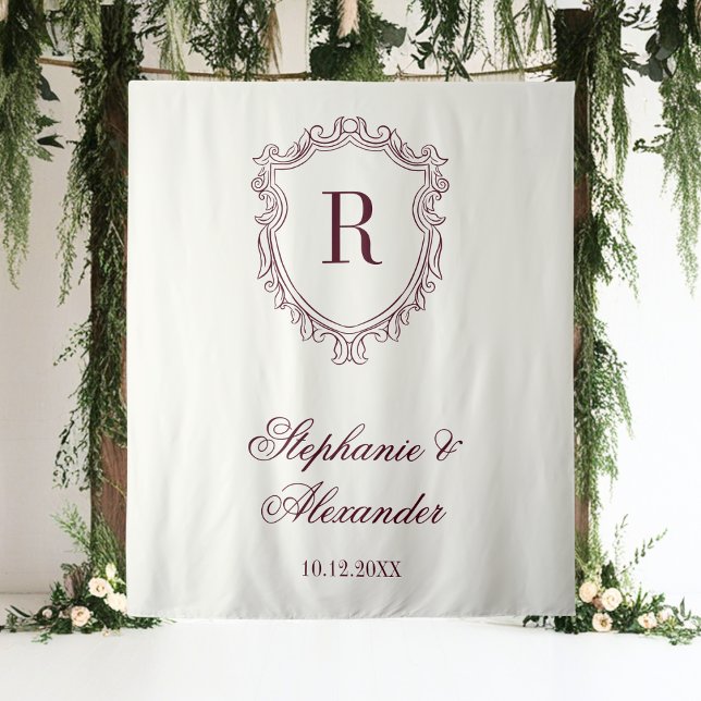 Burgundy & Ivory Monogram Crest Old Money Wedding Tapestry (Creator Uploaded)