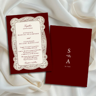 Burgundy & Ivory Monogram Vintage Lace Wedding Invitation
