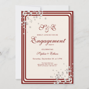 Burgundy Ivory Pearls Retro Engagement Party Invitation
