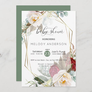 Burgundy Ivory Peonies Botanical Baby Shower Invitation