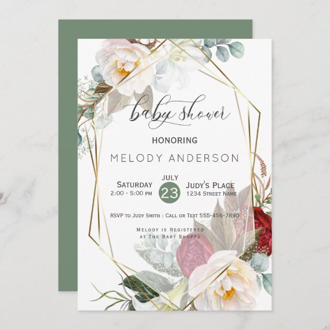 Burgundy Ivory Peonies Botanical Baby Shower Invitation (Front/Back)