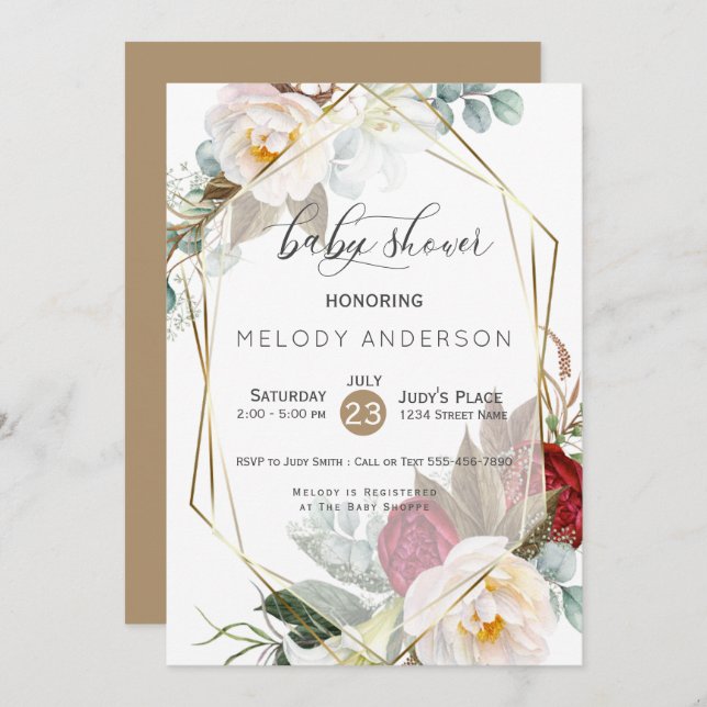 Burgundy Ivory Peonies Botanical Baby Shower Invitation (Front/Back)