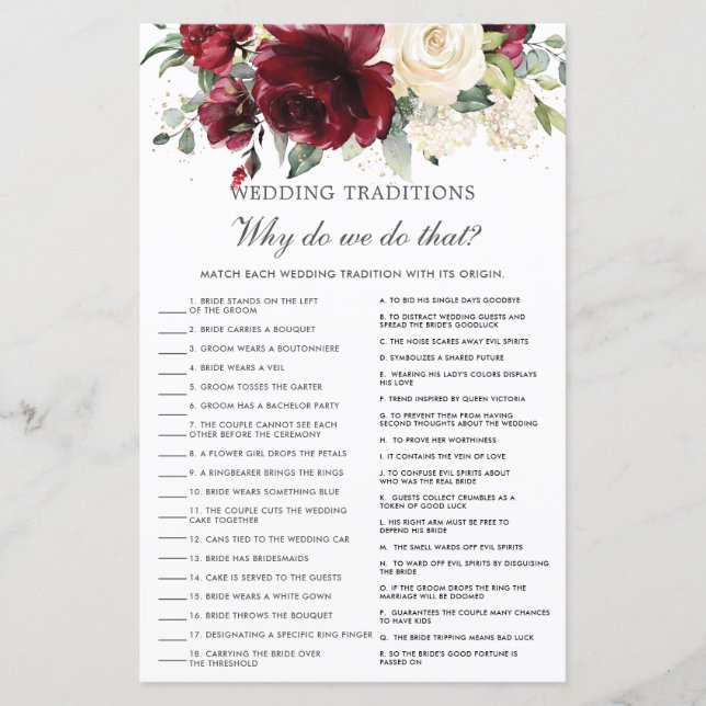 Burgundy Ivory Rose Floral Wedding Traditions Game (Front)