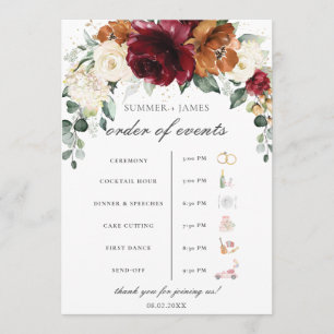 Burgundy Ivory Rust Floral Wedding Order of Event  Programme