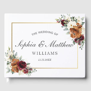 Burgundy Ivory Rust Orange Floral Greenery Wedding Guest Book