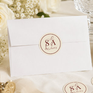 Burgundy Ivory Stripe Monogram Old Money Wedding  Classic Round Sticker