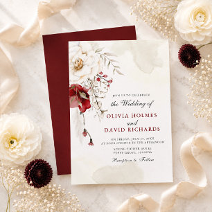 Burgundy Ivory Watercolor Floral Wedding Invitation