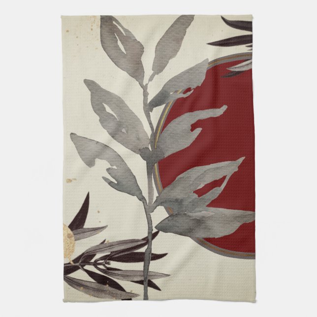 Burgundy & Ivory Watercolor Leaves Tea Towel (Vertical)