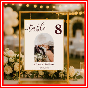 Burgundy & Ivory Wedding PHOTO Table Number  Poster