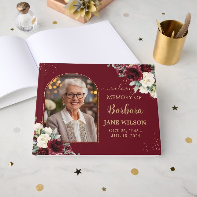 Burgundy Ivory White Floral Memorial Funeral Photo Guest Book (Front Open)