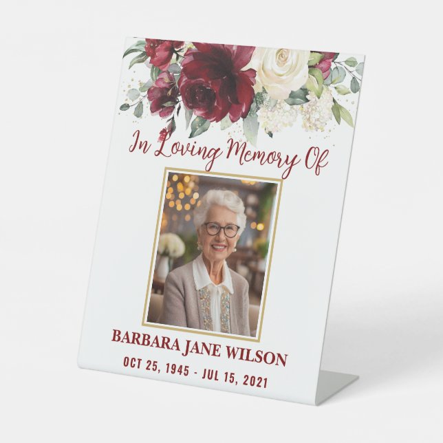 Burgundy Ivory White Floral Photo Funeral Memorial Pedestal Sign (Front)