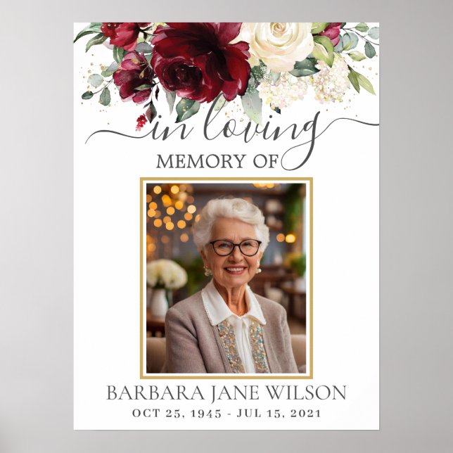 Burgundy Ivory White Floral Photo Funeral Memorial Poster (Front)