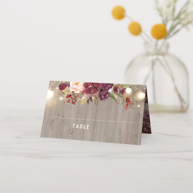 Burgundy Lace and Flowers Rustic Place Card (Front)