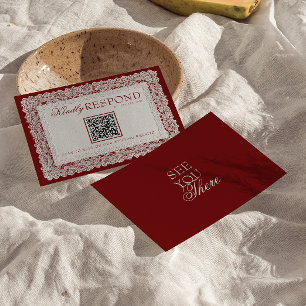 Burgundy Lace Doily Old Money QR Code Wedding RSVP Card