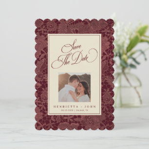 Burgundy Lace Elegant 2 Photo Scalloped Wedding Save The Date