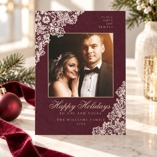 Burgundy Lace Elegant Family Photo Christmas Holiday Card