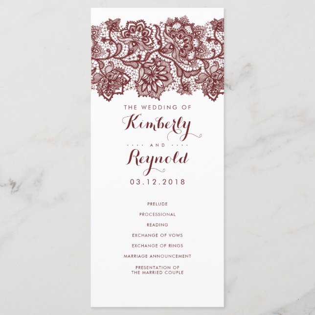 Burgundy Lace Elegant White Wedding Programs Programme (Front)