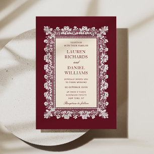 Burgundy Lace Frame Wedding Invitation