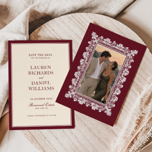 Burgundy Lace Frame Wedding Save The Date