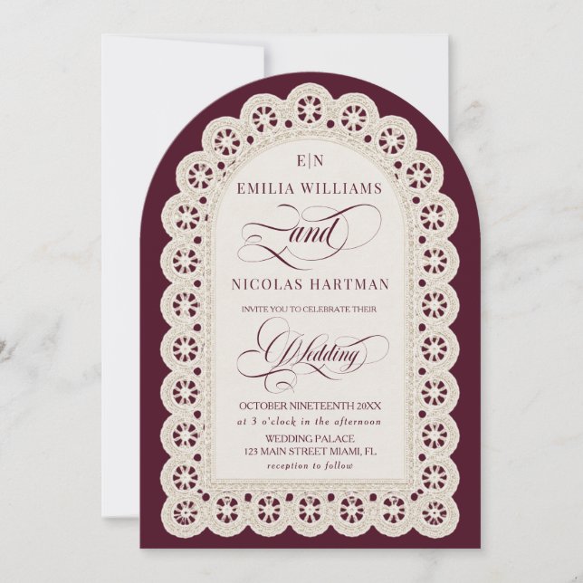Burgundy Lace Monogram Old Money Wedding Invitation (Front)